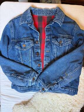 Vintage 90s Levi's 70411 Flannel Lined Denim Trucker Jacket Buffalo Plaid